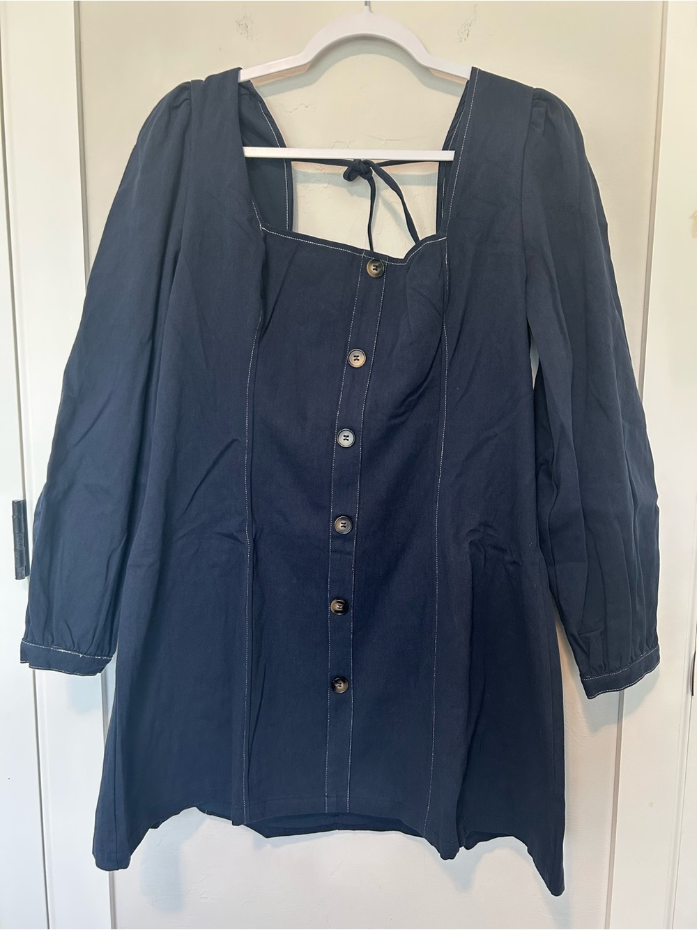 Navy Button-Front Dress with Tie Back